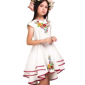 Girls Sz 6 Ivory White Embroidered Flowers Tiered Frilly Flounce Church Dress